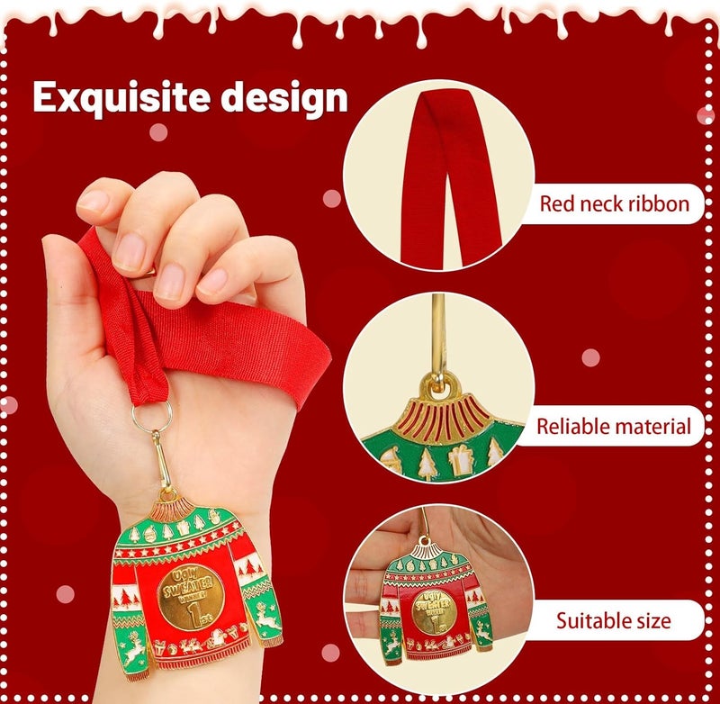 TTQ 3PCS Ugly Christmas Sweater Medal Award with Neck Ribbon,1st 2nd 3rd Place Medals Prizes for Winner in Ugly Sweater Contest Party,Best Parties Holidays Christmas Tree Ornament - Image 3